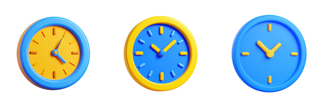 Three Dimensional Cartoon Style Blue and Yellow Clocks Isolated on Transparent Background - Powered by Adobe
