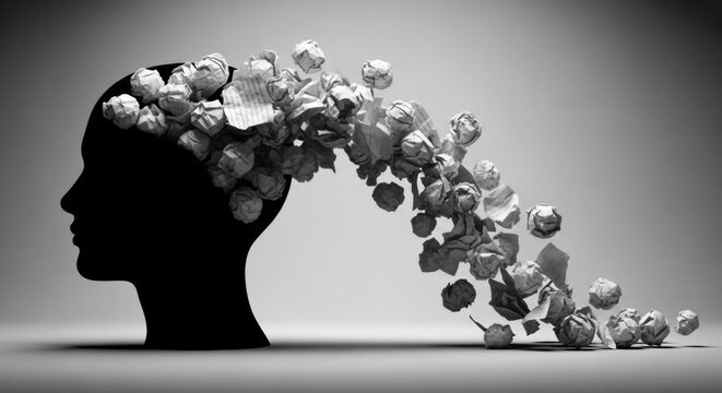 Monochrome Metaphor: A Mind Unburdening a Cascade of Crumpled Ideas