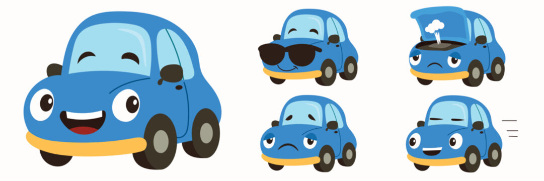Cute Cartoon Cars with Various Emotions. Hand Drawn Vector Art