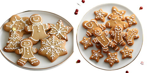 Plate filled with Christmas cookies, including gingerbread men, stars, and trees isolated on a transparent background