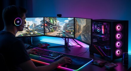 A gamer plays a video game on a high-end PC with triple monitors and RGB lighting.
