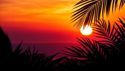 Fototapeta premium Vibrant gradient of sunset hues, tropical leaves silhouette, tropical, feeling