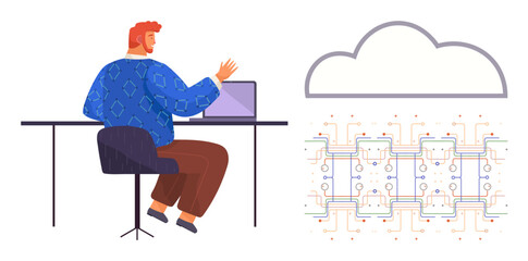 Professional using a laptop interacts with cloud data infrastructure. Ideal for technology, workflow, remote work, communication, cloud storage, innovation, modern computing. Simple flat metaphor
