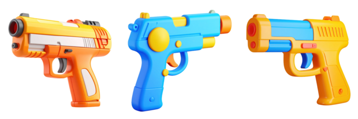 3D Plastic Style Toy Guns Arrayed In Vivid Colors Against A Transparent Background Displaying Detailed Design and Bright Lighting