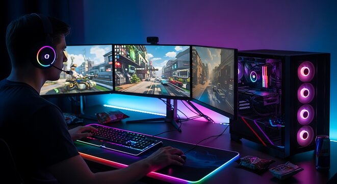A gamer plays a video game on a high-end PC with triple monitors and RGB lighting.
