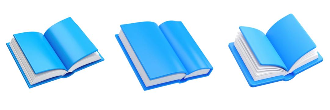 3D Plastic Style Icons of Floating Open Books In Shades Of Blue Showing Pages With White Edges Against Transparent Background