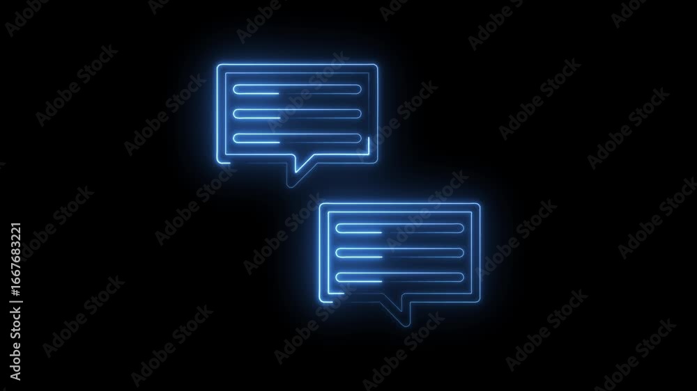 Poster glowing blue neon chat bubble icons with horizontal lines representing text or messages on a dark