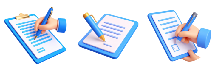 3D Plastic Style Contract Signing Icon Set Featuring Blue Clipboard Pen Hand And Document Isolated On Transparent Background