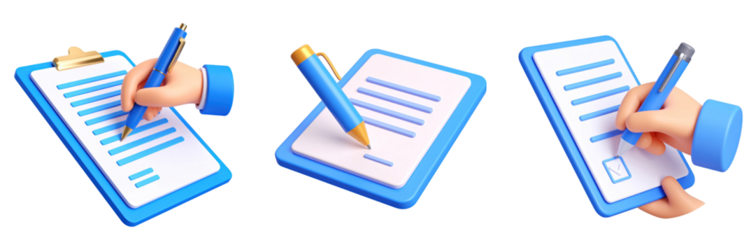 3D Plastic Style Contract Signing Icon Set Featuring Blue Clipboard Pen Hand And Document Isolated On Transparent Background