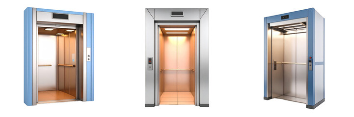3D Plastic Style Elevator Icon with Interior Details Silver Metallic Structure and Blue Frame Modern Transport Design