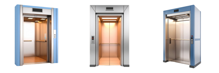 3D Plastic Style Elevator Icon with Interior Details Silver Metallic Structure and Blue Frame Modern Transport Design