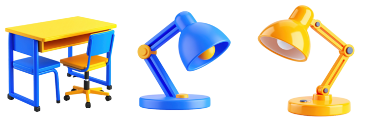 3D Plastic Style Icons Of A Desk Chair And Two Lamps In Bright Yellow And Blue Colors Against A Transparent Background