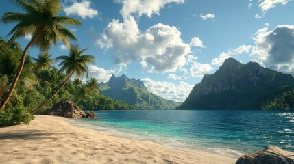 Obraz premium Tropical Beach Scene with Palm Trees Clear Water Mountains Sky and Bright Sunlight