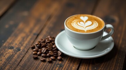 Fototapeta premium Aromatic Coffee in White Cup with Latte Art and Roasted Beans on Rustic Wood
