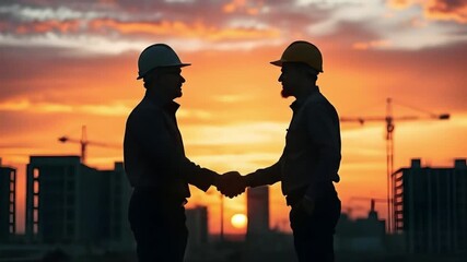 Silhouette of supervisor and client shaking hands at a construction site. Business deal, partnership, teamwork, and successful project agreement concept.