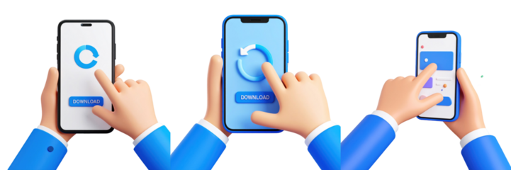 Hands In Blue Sleeves Interacting With Smartphone Showing App Interface and Downloading Features