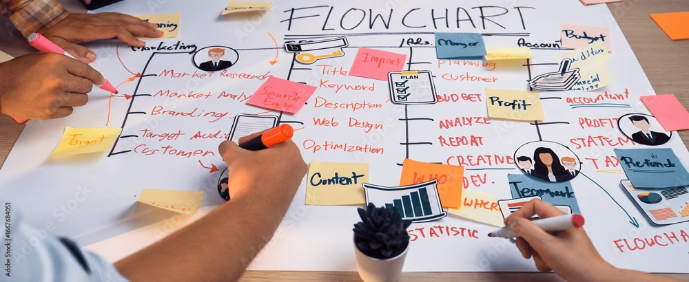Poster a lively workspace features hands creating a flowchart with vibrant sticky notes and markers, showca