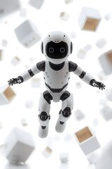 Futuristic humanoid robot floating among flying cardboard boxes, white background, AI technology concept, robotics interacting with everyday objects, digital art style, innovation and imagination