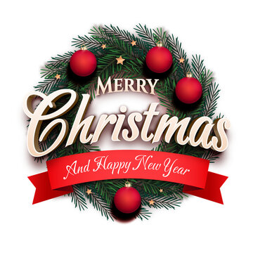 Merry Christmas and Happy New Year Greeting Card with Holiday Wreath and Ornaments