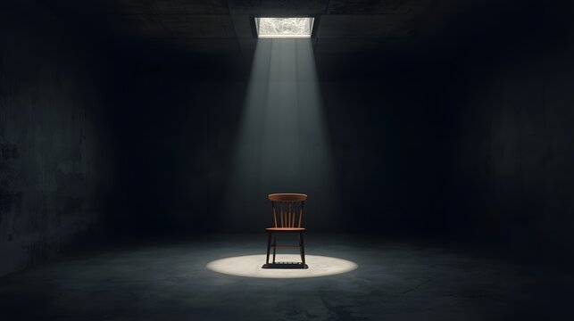 Wooden chair under dramatic spotlight in dark empty concrete room, beam of light entering through ceiling window highlighting solitary chair, concept of interrogation, solitude, suspense and minimalis