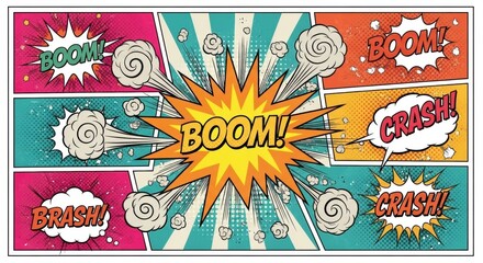 Retro Comic Panels Exploding with Colorful Onomatopoeia and Action Lines