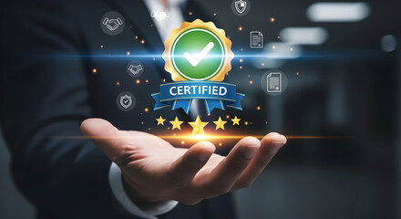 Achieve top-tier quality with this certified award symbol and glowing stars, showcasing business excellence