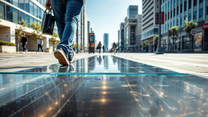 Fototapeta premium A person's legs walking over a solar panel sidewalk in a modern smart city.