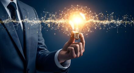 Businessman holding a glowing light bulb, symbolizing a brilliant new idea or innovation