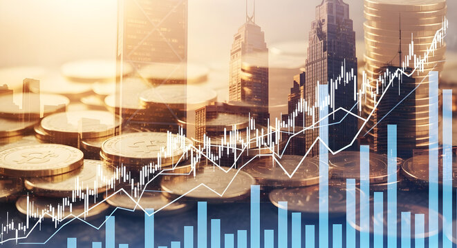 Dynamic financial growth concept with rising stock charts, city skyline, and stacked gold coins