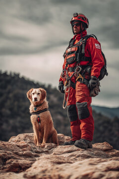 A search and rescue worker with a helmet and harness standing on rocky terrain. A rescue dog waits by their side