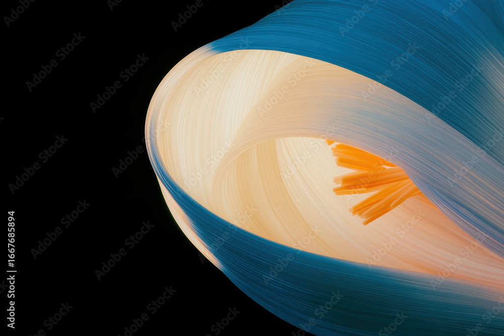Poster abstract blue and beige swirl with smooth flowing curves and dynamic movement against black backgrou