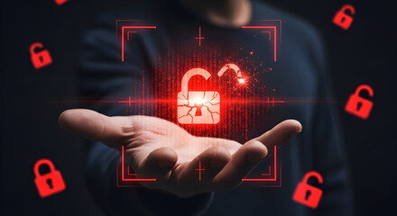 Unlock digital security risks with a cracked open lock, data breach concept