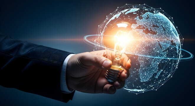Innovative businessman holding glowing lightbulb with digital globe network, concept of global ideas - Powered by Adobe