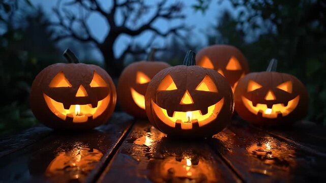 Glowing halloween pumpkins with carved faces and candle light