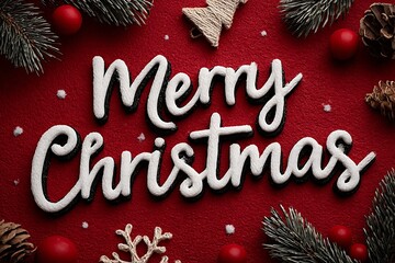 White Merry Christmas text with festive decorations on red background holiday celebration