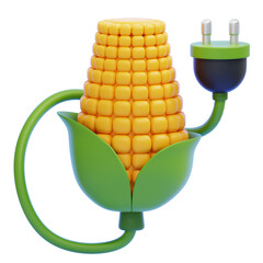 PNG 3D Corn Cob with Electric Plug Symbolizing Biomass Energy Icon Isolated on a White Background