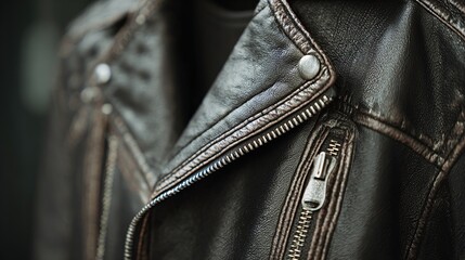 Close-up shot of dark brown leather jacket, with zipper and silver buttons