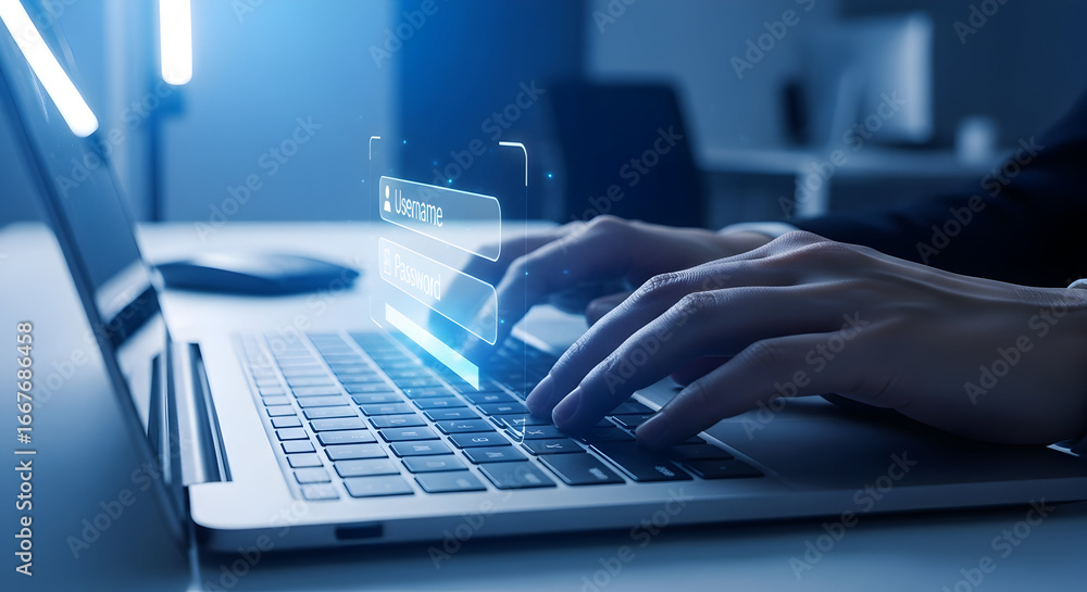 Poster secure login process with digital interface, protecting personal data and online accounts