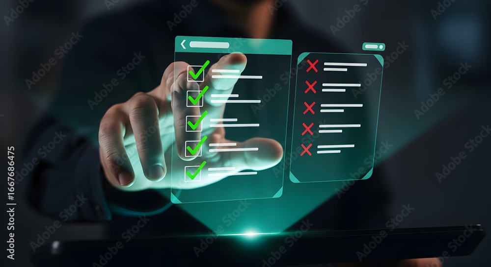Poster achieve goals by checking off tasks on a futuristic digital checklist, symbolizing success and produ