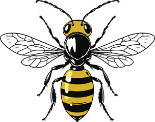Wasp insect doodle, bold line art, striped body and wings, clean minimal monochrome vector, isolated on white background 2