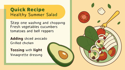 Illustration of a healthy summer salad recipe with ingredients and preparation instructions displayed clearly