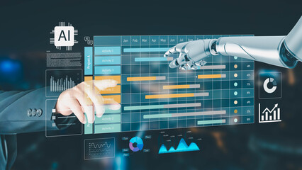 A businessman and an AI robot collaborate on a project, analyzing a Gantt chart and data on a futuristic holographic interface, symbolizing modern business management and technology.