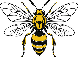 Wasp insect doodle, bold line art, striped body and wings, clean minimal monochrome vector, isolated on white background.