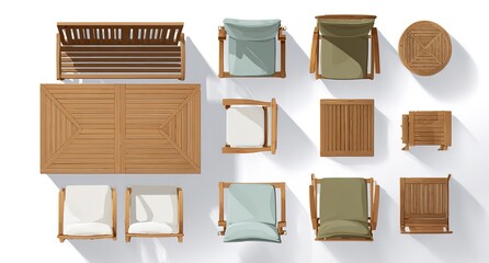Top view flat lay of outdoor wooden furniture set, vector illustration