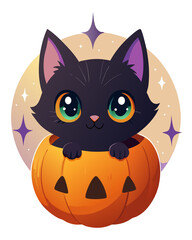 Obraz premium Adorable black kitten peeking out of a carved halloween pumpkin halloween