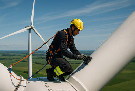 A technician in a safety harness performs maintenance on a large wind turbine blade.