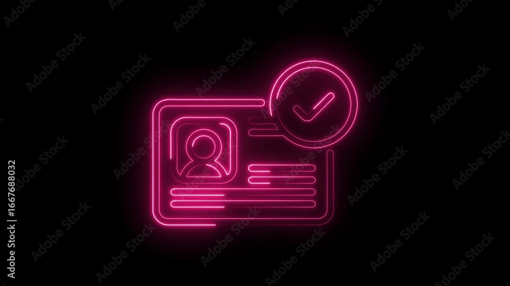Poster glowing neon pink identity card with check mark symbol confirmation verification approval access