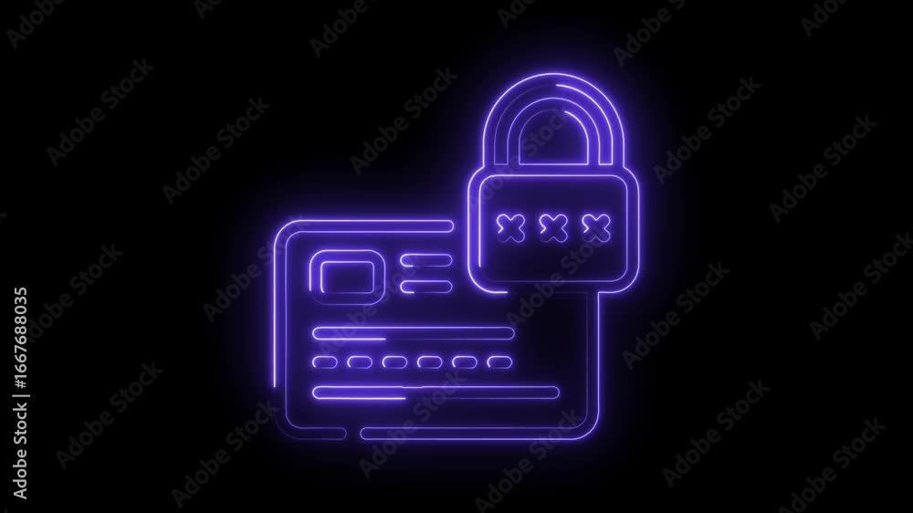 Poster glowing neon credit card icon with padlock and password symbols representing secure online