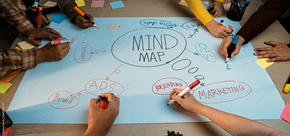Poster a vibrant workspace featuring a group of hands engaging in a brainstorming session around a large mi