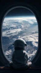 Astronaut Gazing at Earth from Space Station Window, Clouds and City Lights Visible